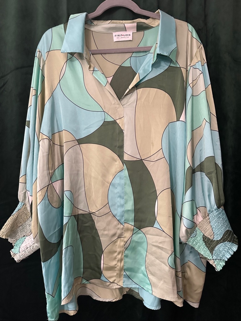 First Love Abstract Geo Button-Down Top in Mint, Sage & Cream